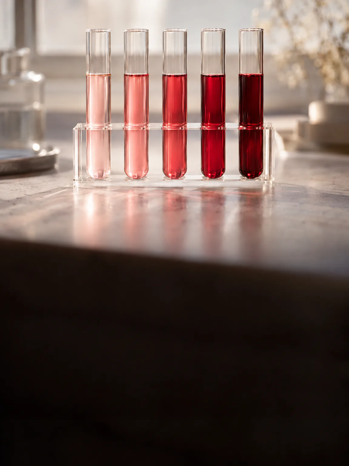 Illustration: five laboratory tubes of blood, from pale rose to deep red