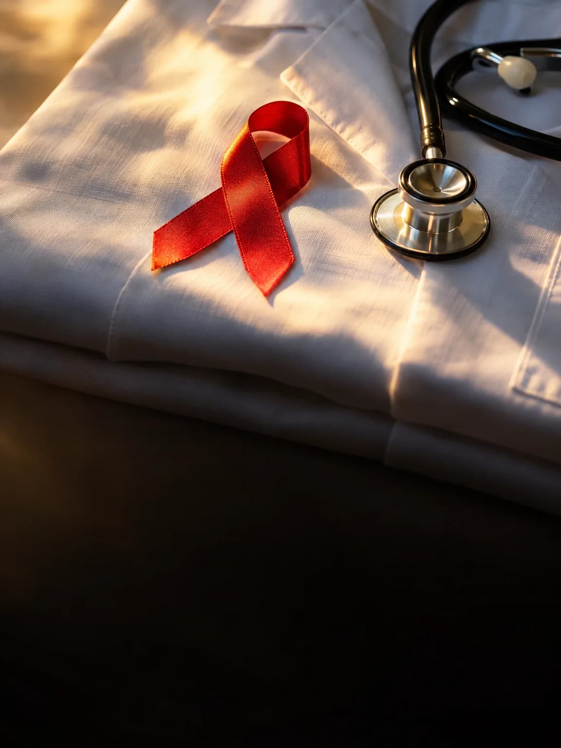 Illustration: a red awareness ribbon on a doctor's white coat, beside a stethoscope