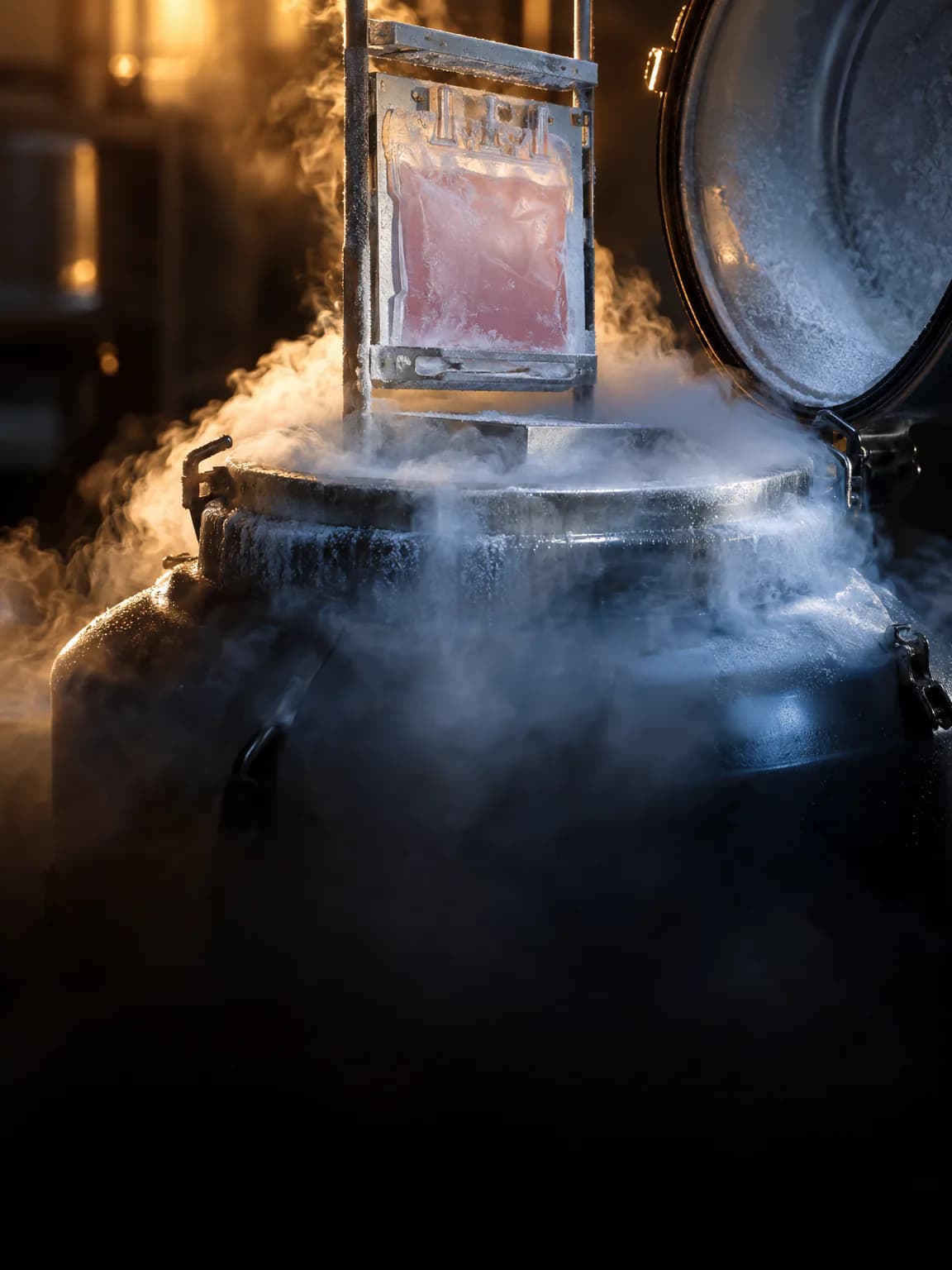 Illustration: a bag of frozen stem cells lifted from a liquid nitrogen storage tank