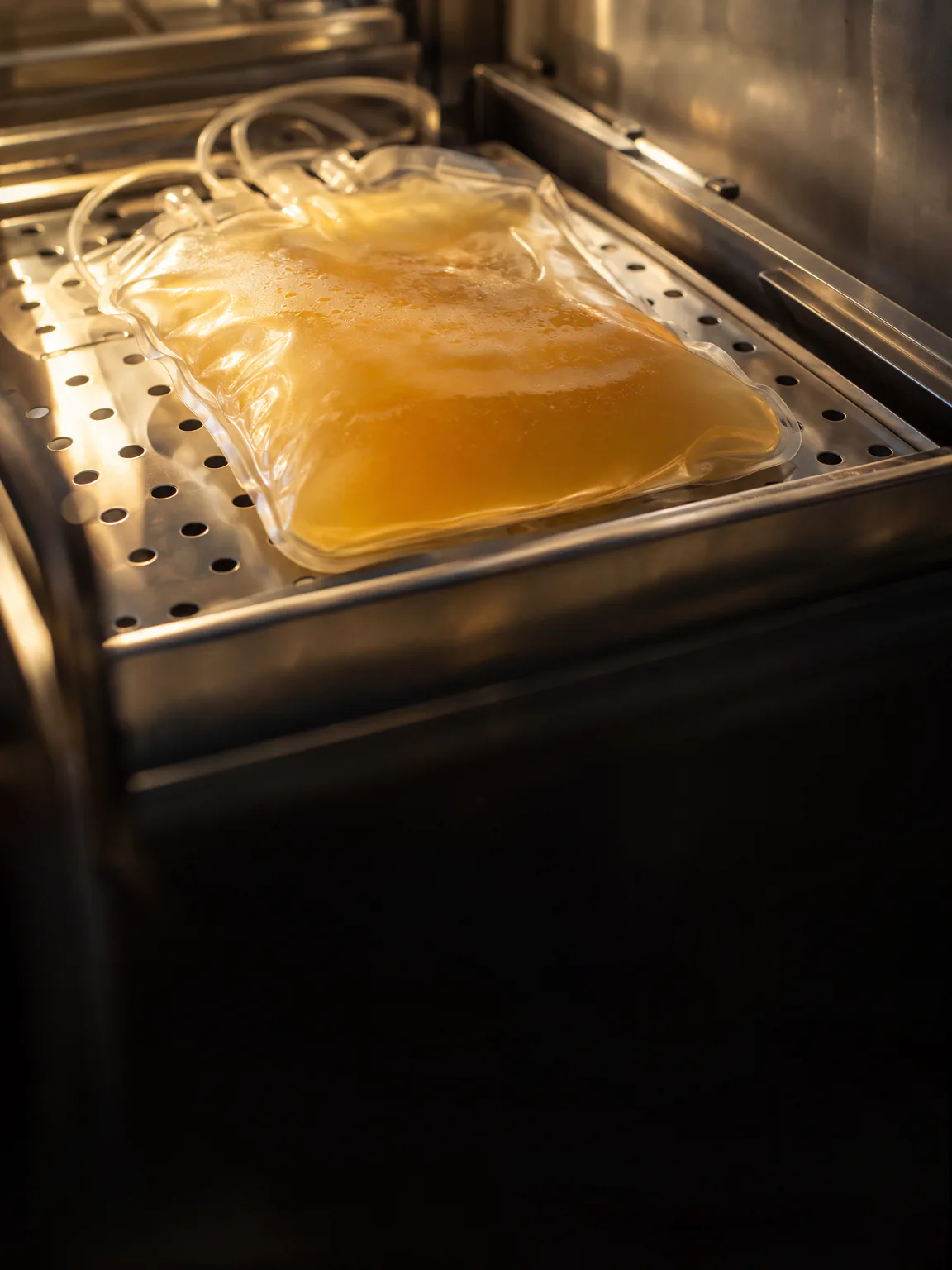 Illustration: a bag of platelet concentrate on a blood bank tray