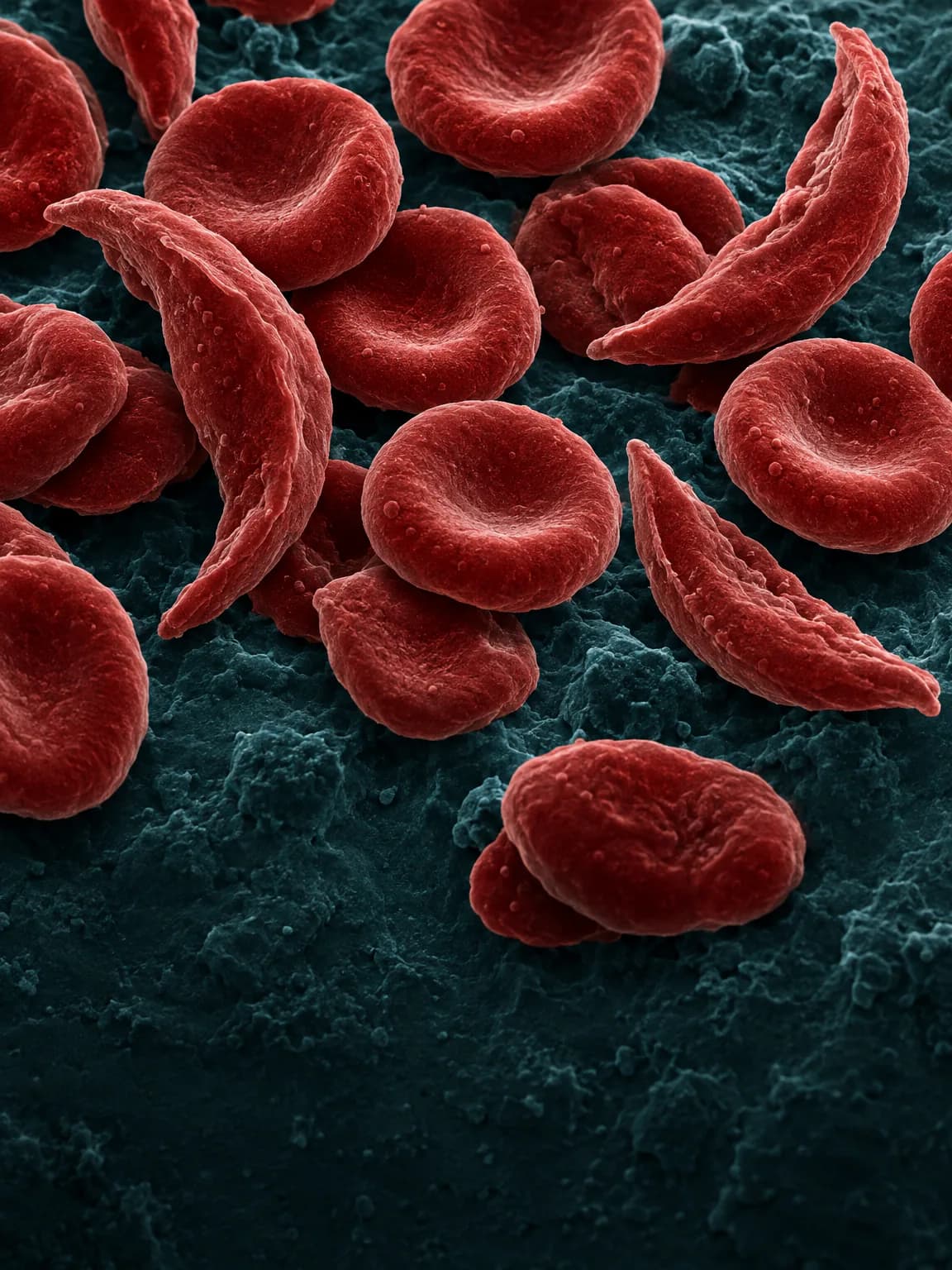Illustration: sickle-shaped red blood cells among round red blood cells, as seen under an electron microscope