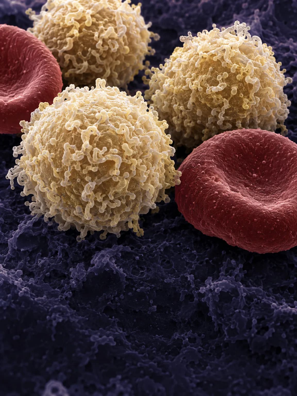 Illustration: white blood cells beside red blood cells, as seen under an electron microscope