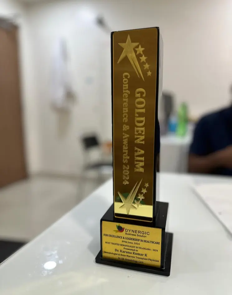 Golden Aim Conference and Awards 2024 trophy: Most Trusted Hematologist in Telangana, Dr Karuna Kumar